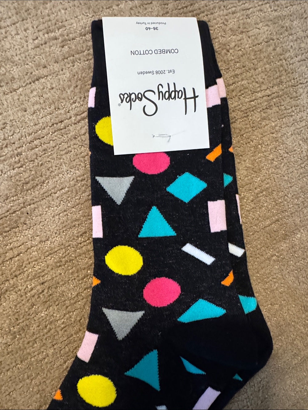Happy Socks Black Crew Socks with Neon Geometric Shapes